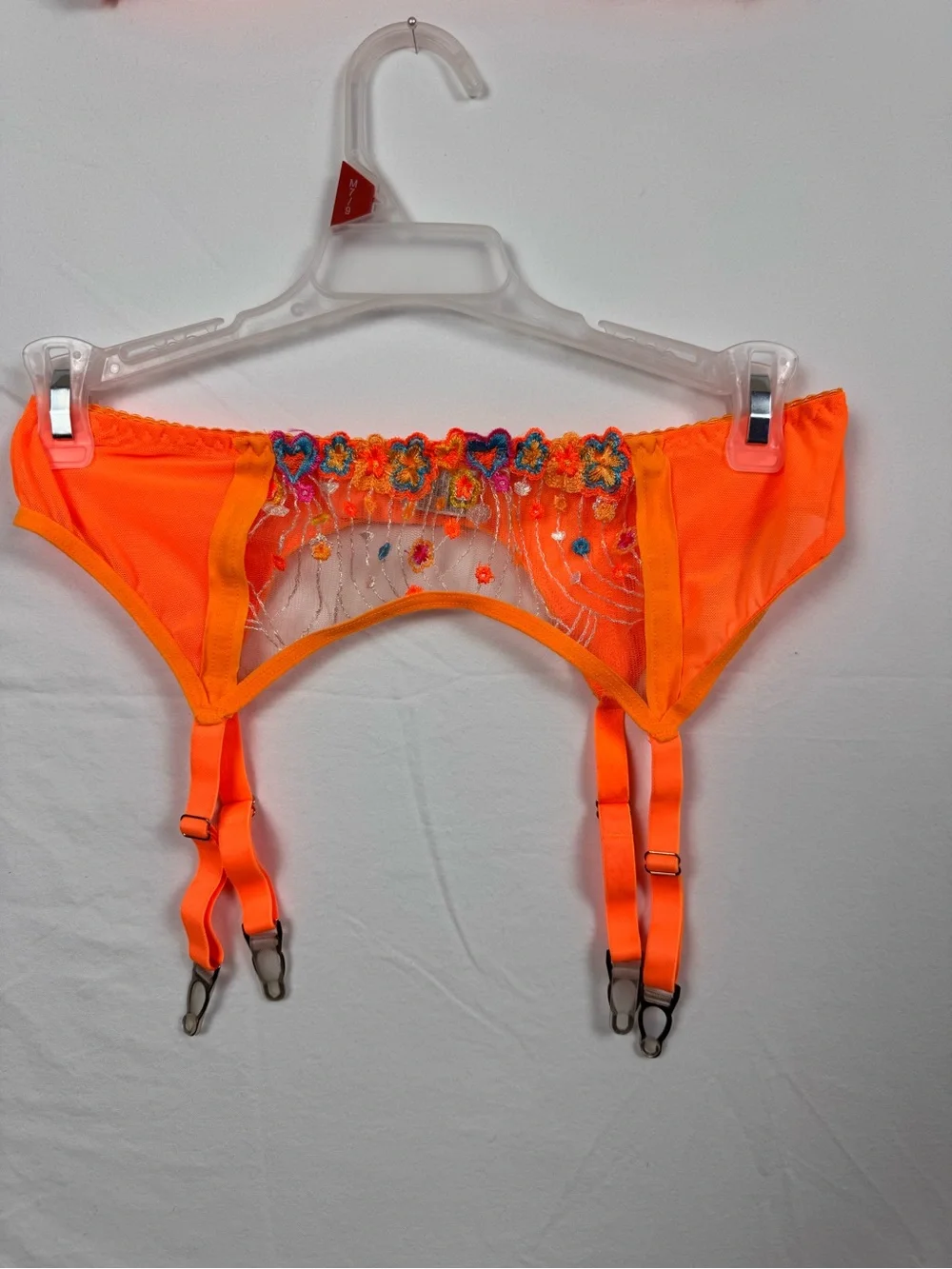Source Unknown Neon Orange Embroidered Sheer Bra & Garter Set
